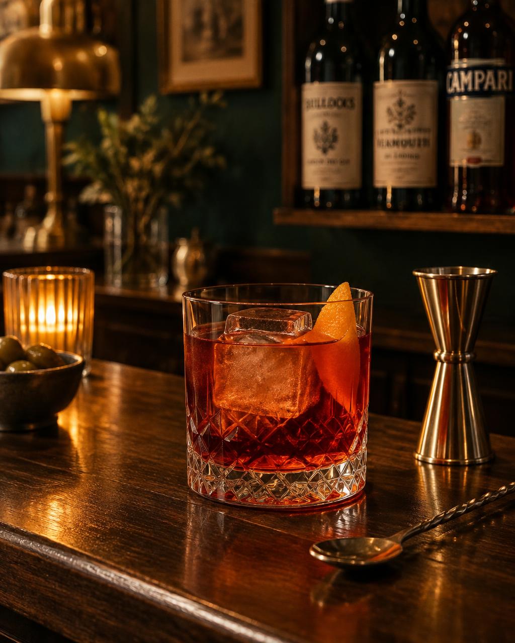 A classic Negroni beside a brass jigger, wine bottles behind